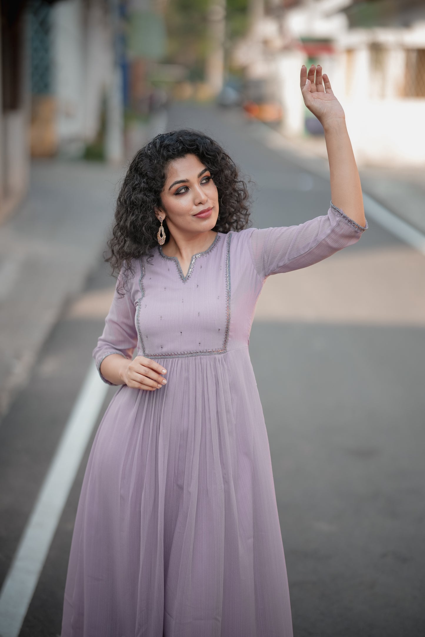 Lavender shaded self lined georgette Aline kurti with handworked yoke 