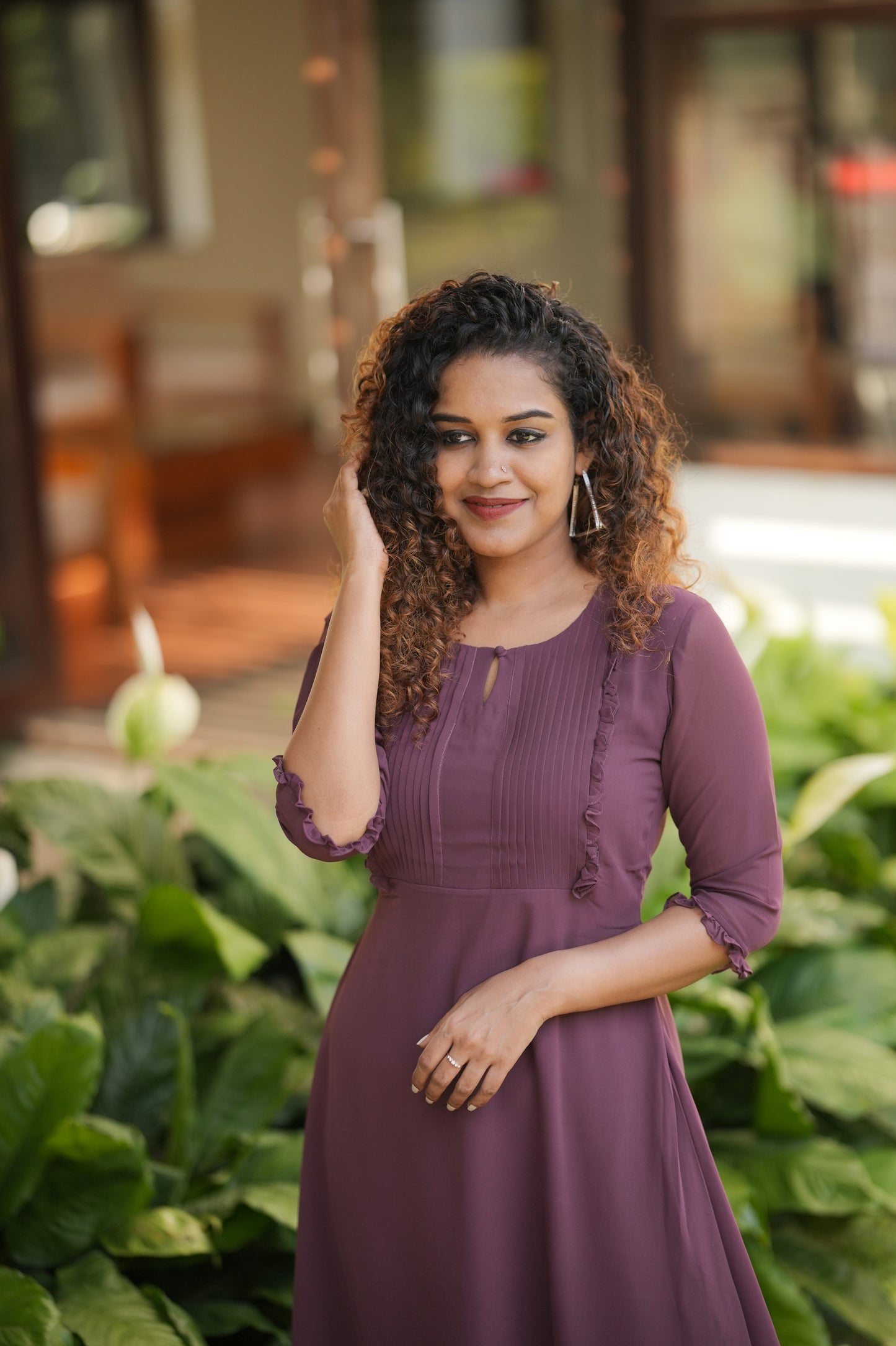 Dark Chocolate shaded Georgette Aline kurti with pleats and frills