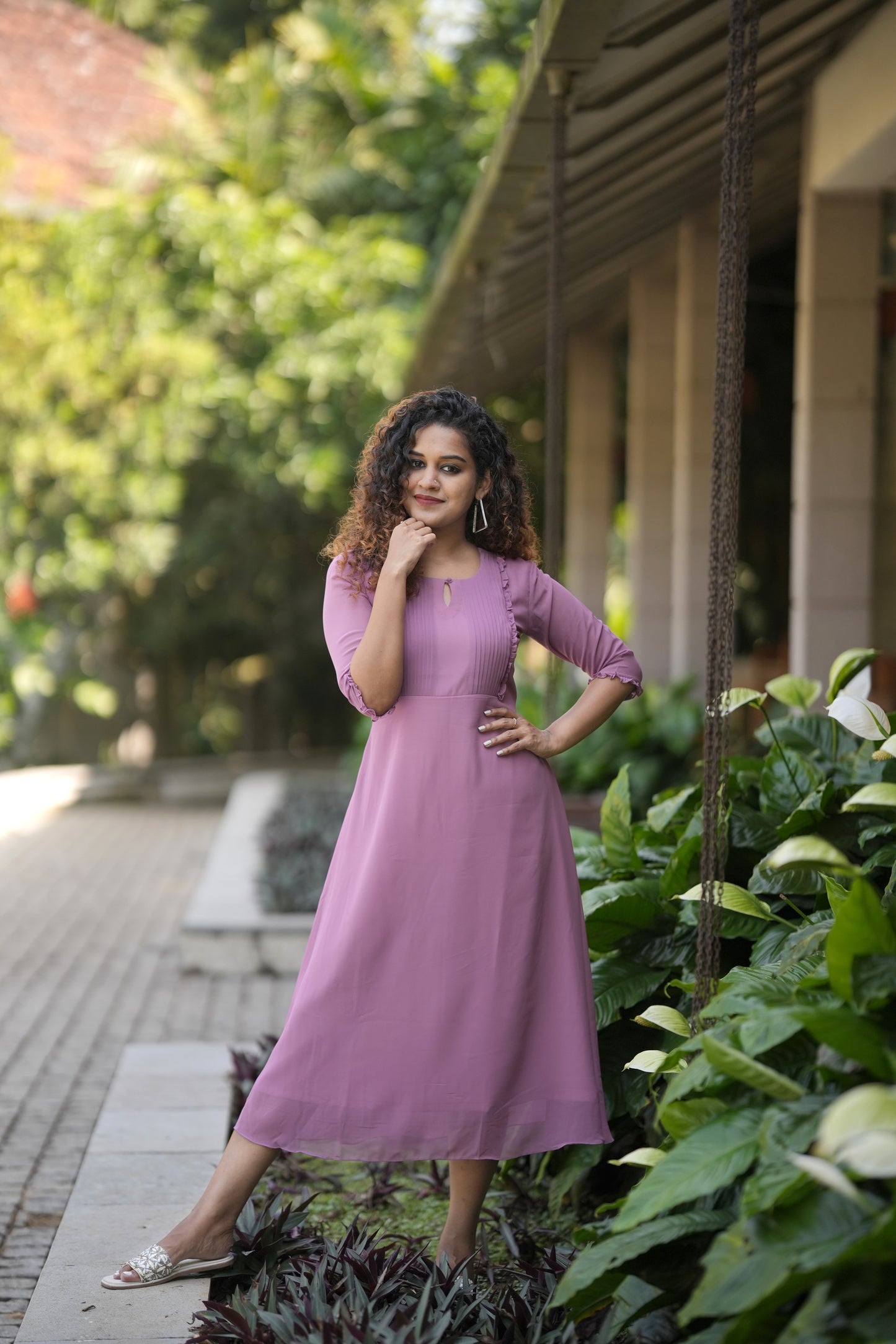 Pastel lavender Georgette Aline kurti with pleats and frills
