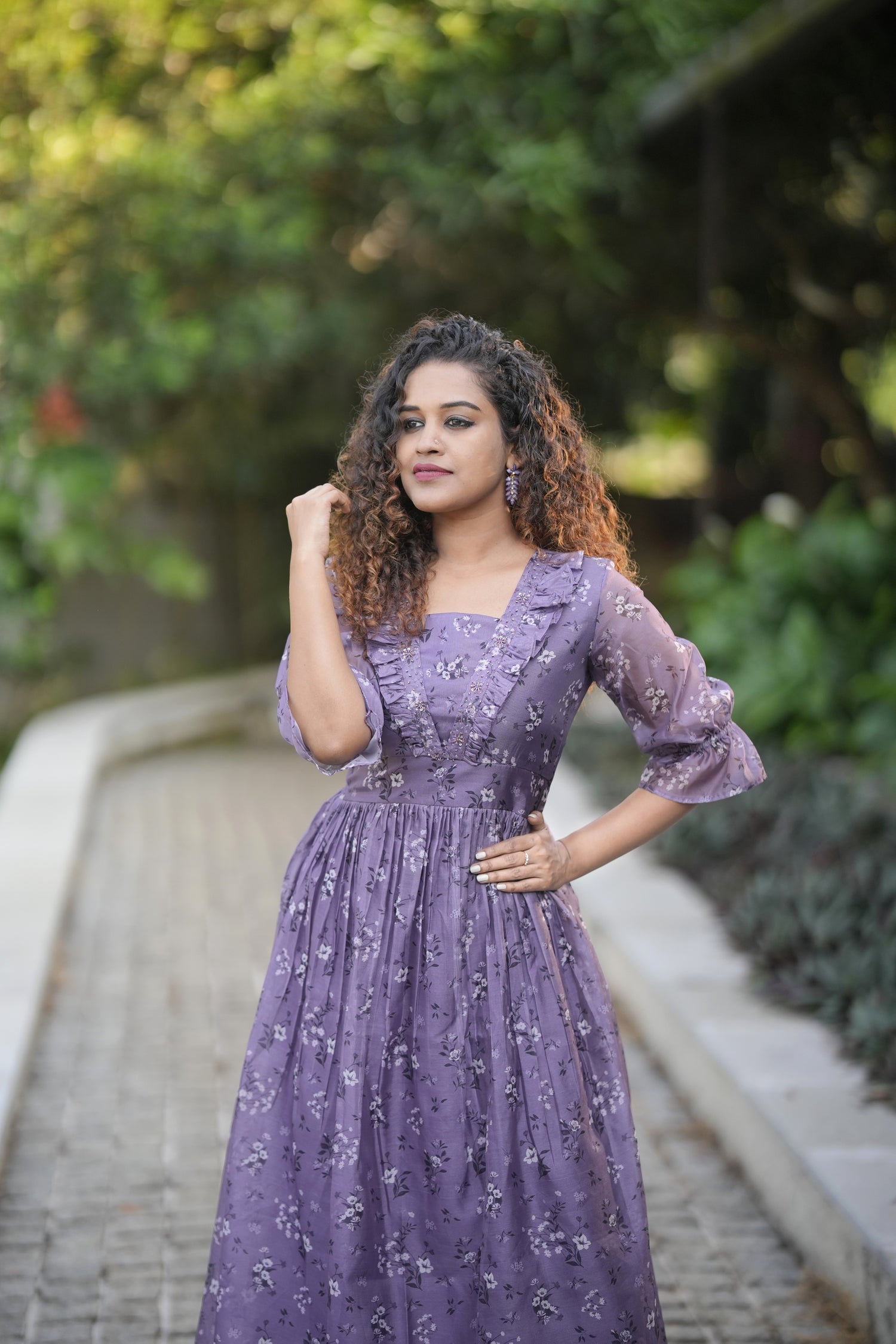 Floral printed organza kurti with handwork in Mauve purple shade ...