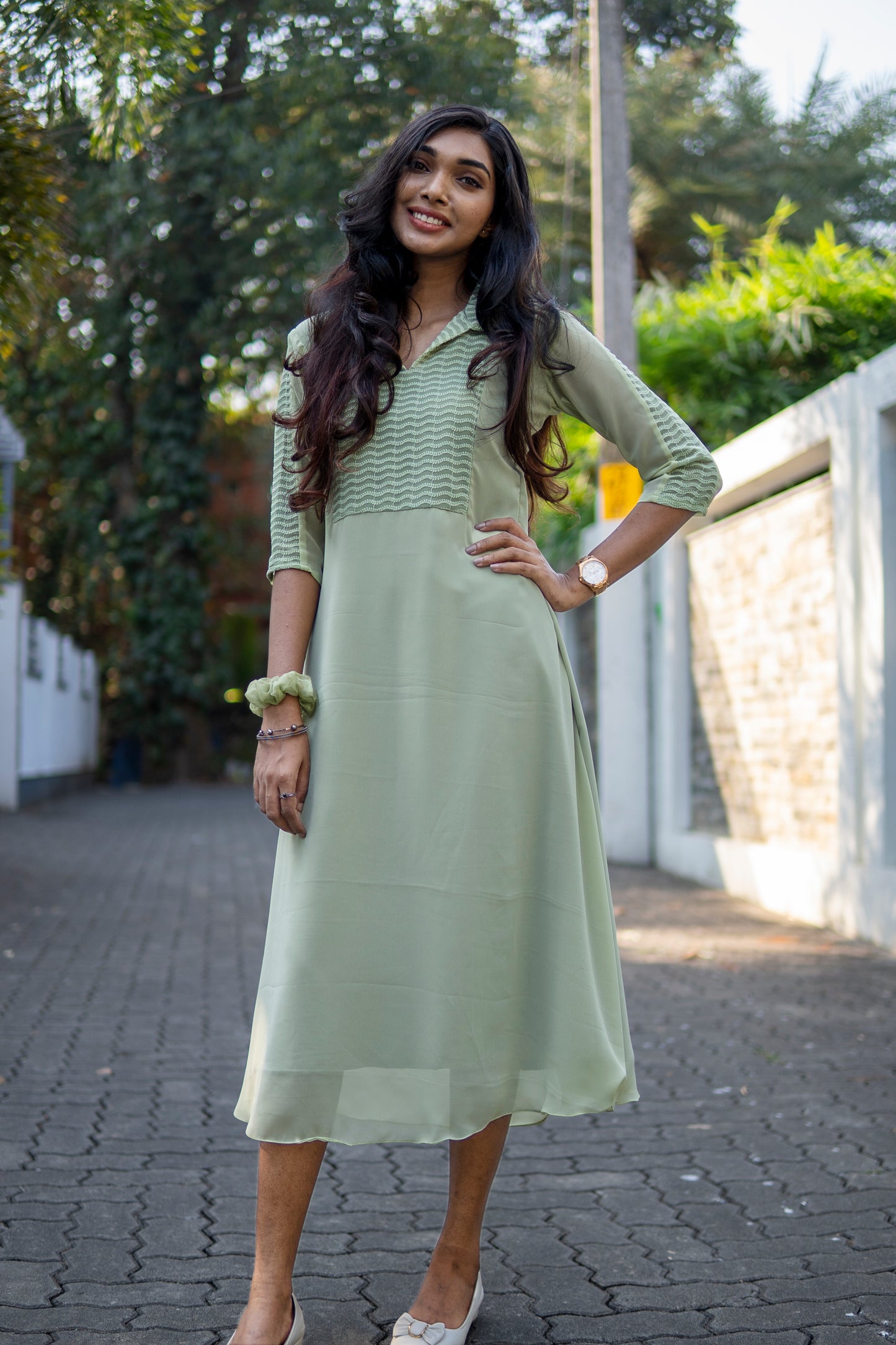 Pastel green shaded Georgette Aline kurti with thread embroidered yoke-MBS-R13