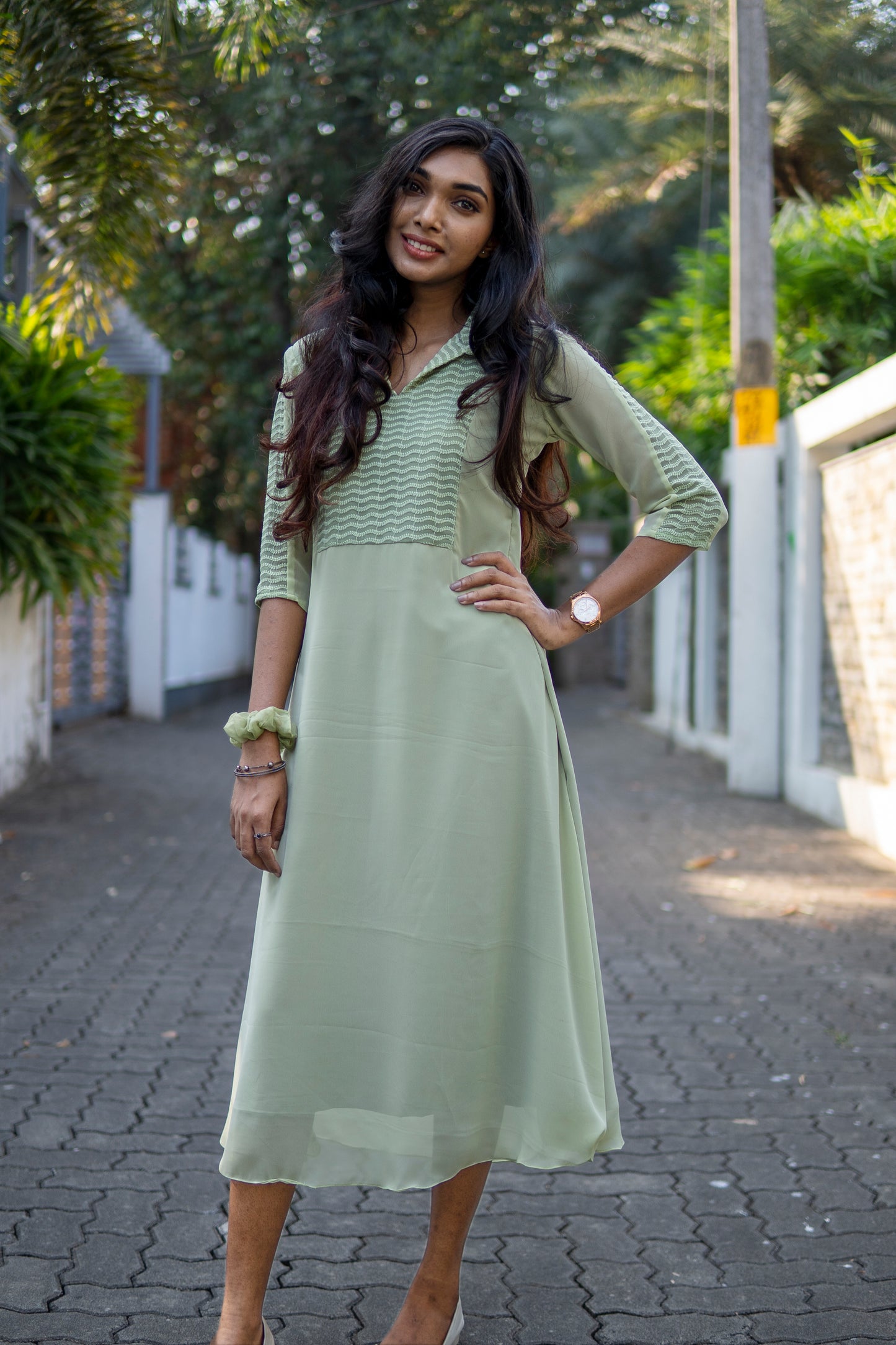 Pastel green shaded Georgette Aline kurti with thread embroidered yoke-MBS-R13