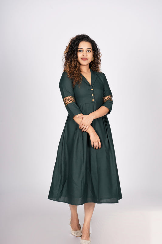 Bottle green shaded A-line cotton lining kurti with cutworked sleeves MBS- R35