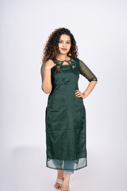 Bottle green organza kurti detailed with handworks MBS- R40