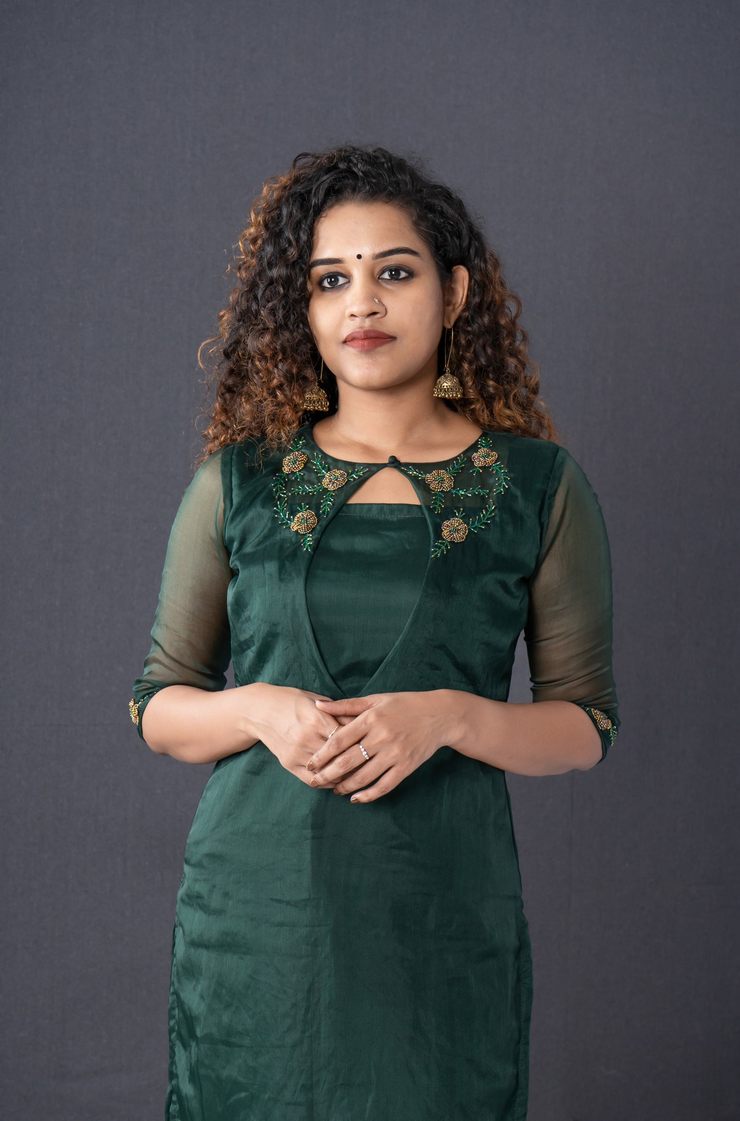 Bottle green organza kurti detailed with handworks MBS- R40