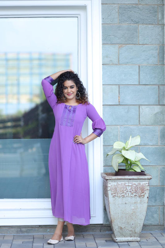 Lavender Aline georgette kurti with designer sleeves