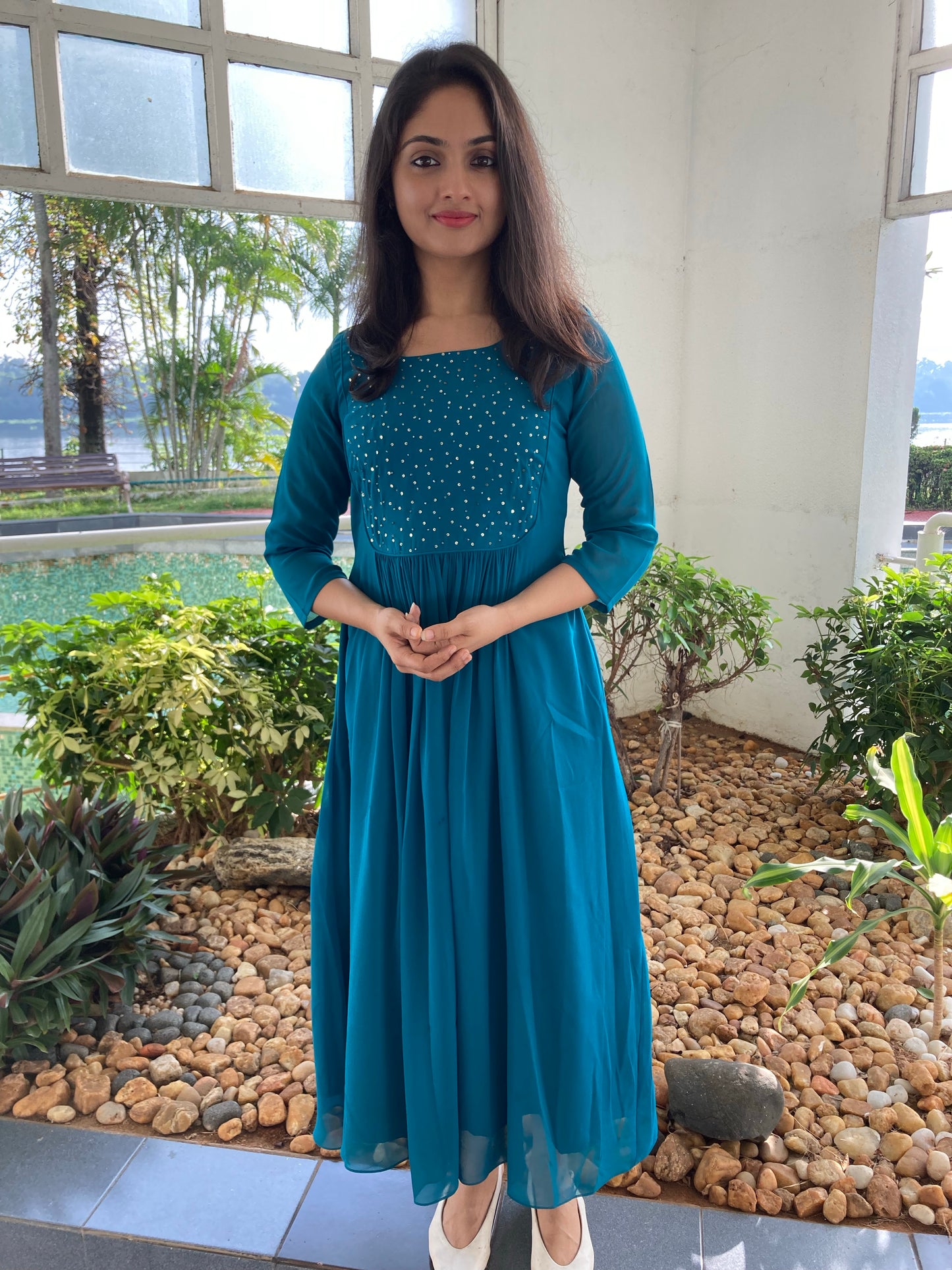 Aesthetic turquoise blue georgette Kurti with handworks- Aline