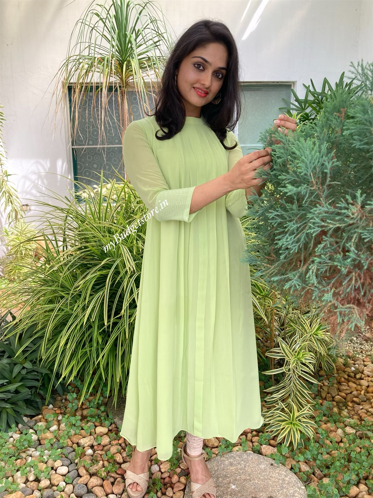 Greenish yellow georgette partywear kurti with dupatta - Aline