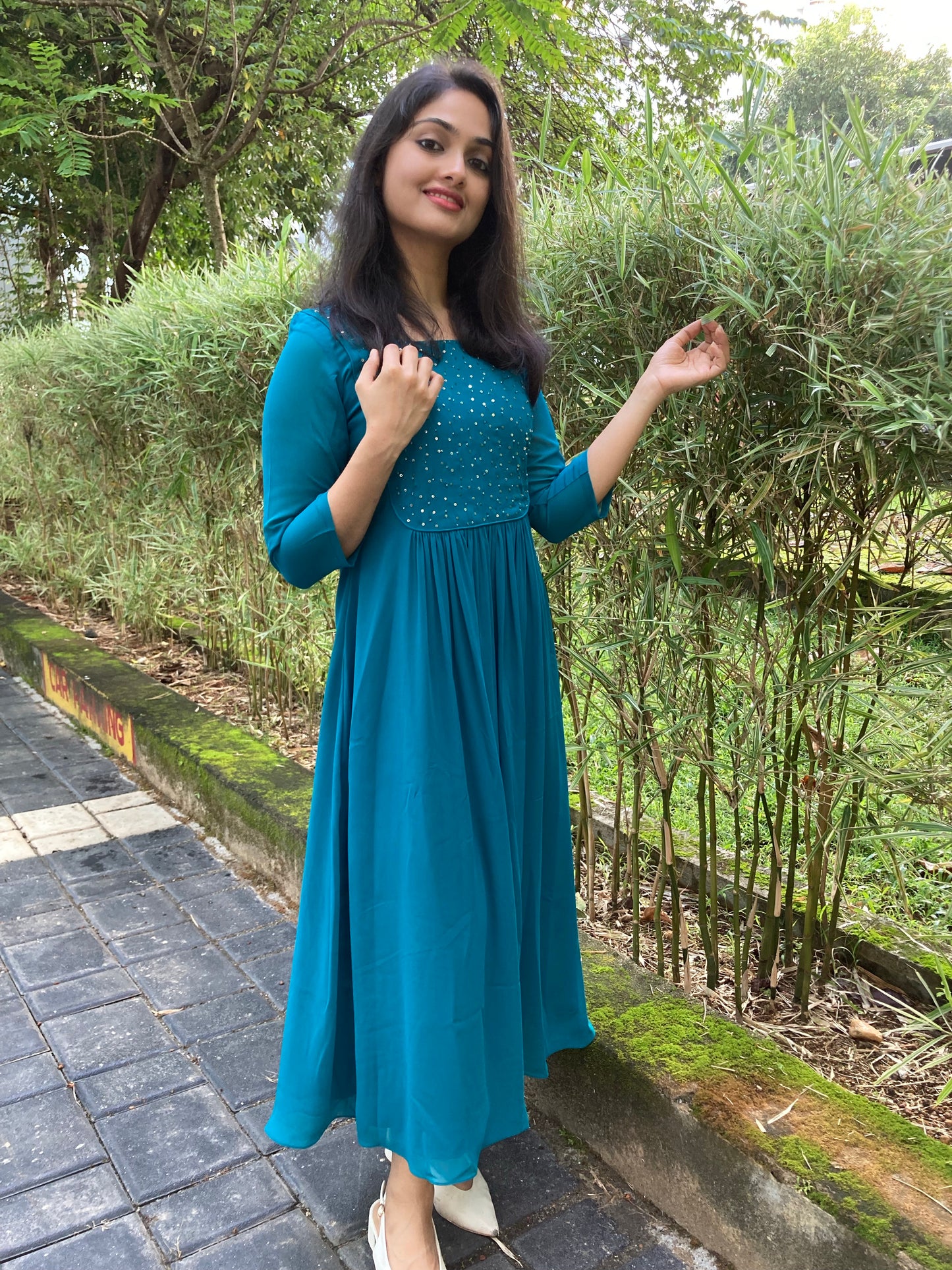 Aesthetic turquoise blue georgette Kurti with handworks- Aline