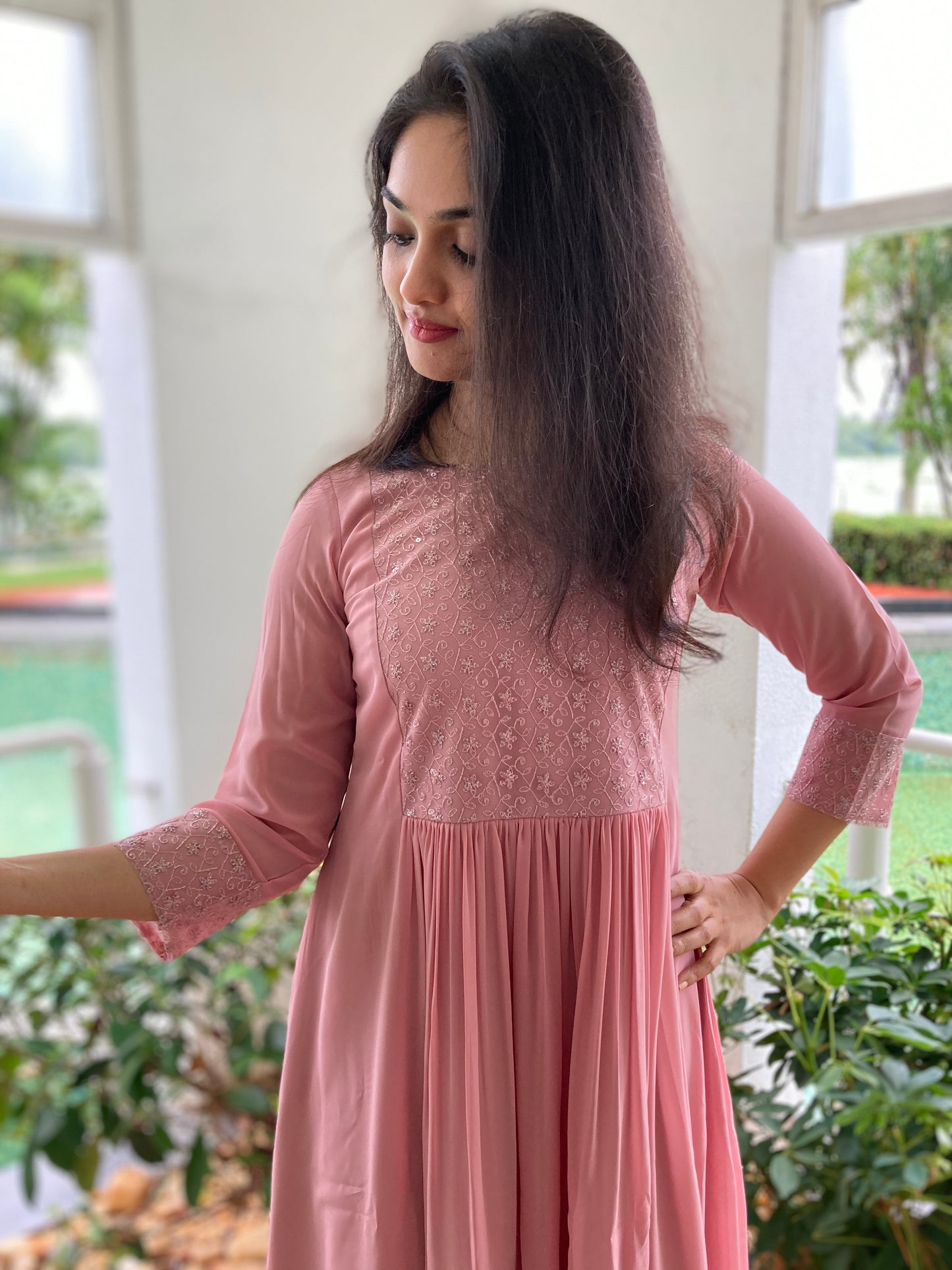 Tea rose shaded georgette Aline Kurti with gathers